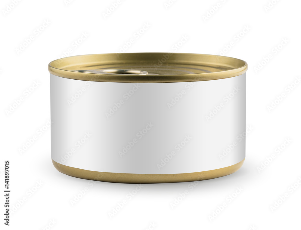 White blank tincan gold metal Tin Can, canned Food. Isolated on white background. Ready for your des