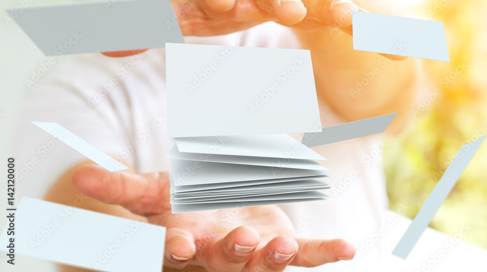 Businessman holding floating business card 3D rendering