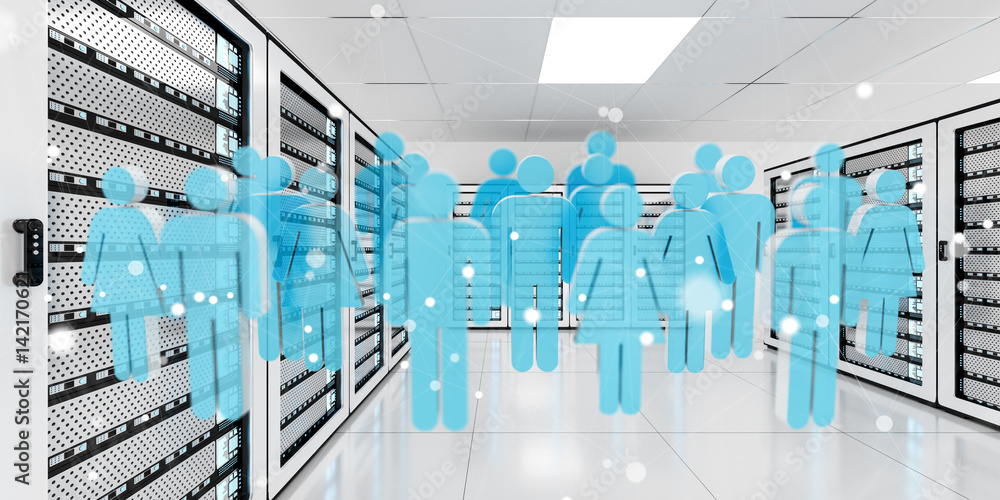 Group of people icons flying over server room data center 3D rendering