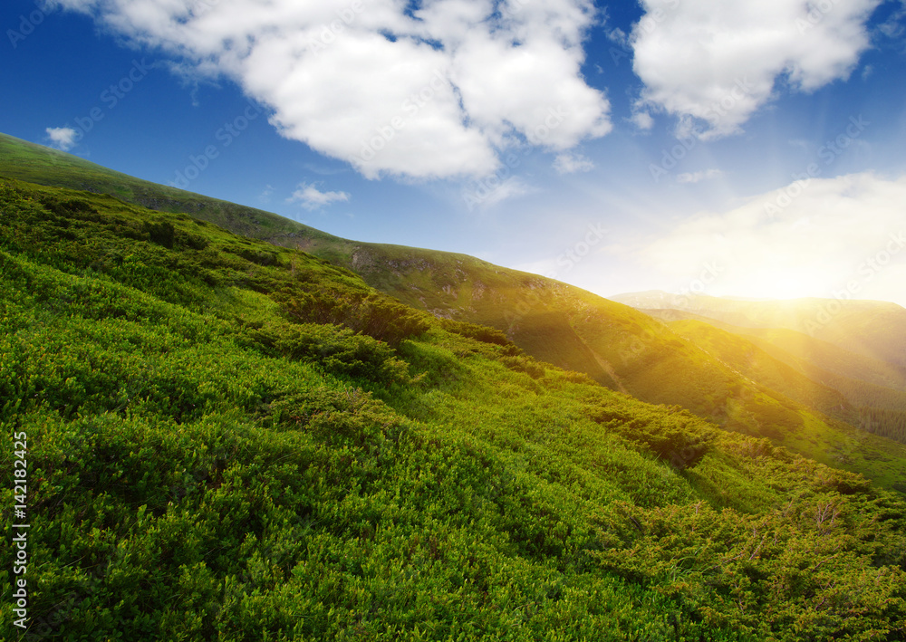 Mountain landscape on sun