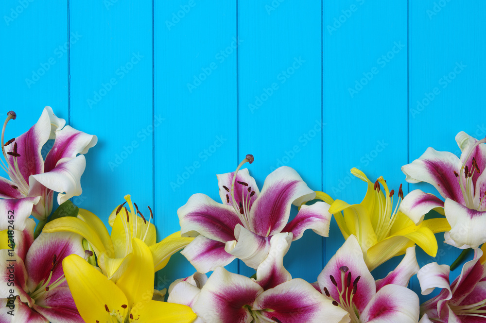  lily flowers on wooden planks