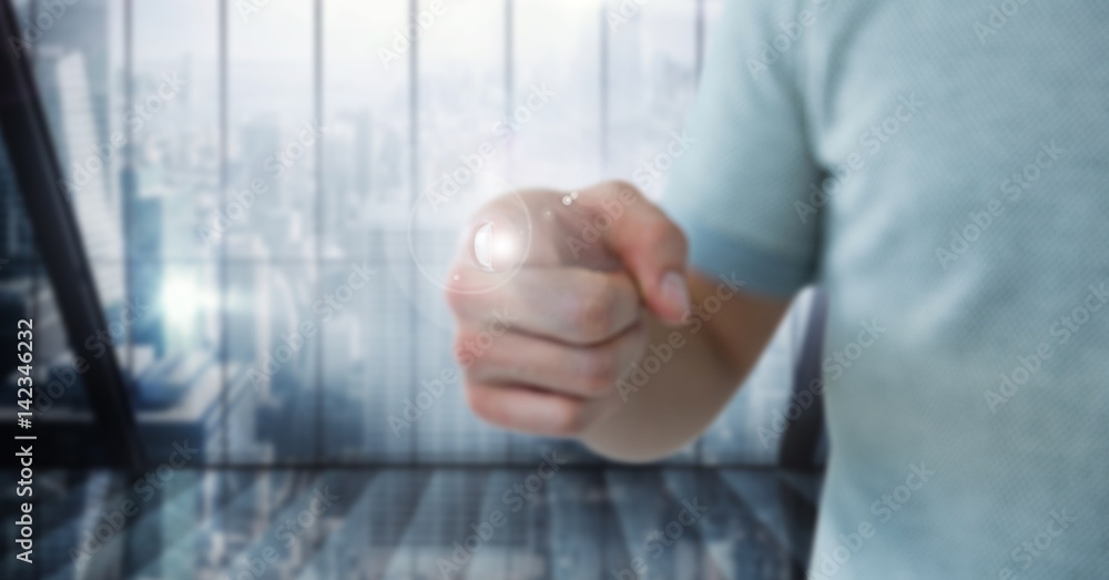 Man in tshirt mid section with flare against blurry window