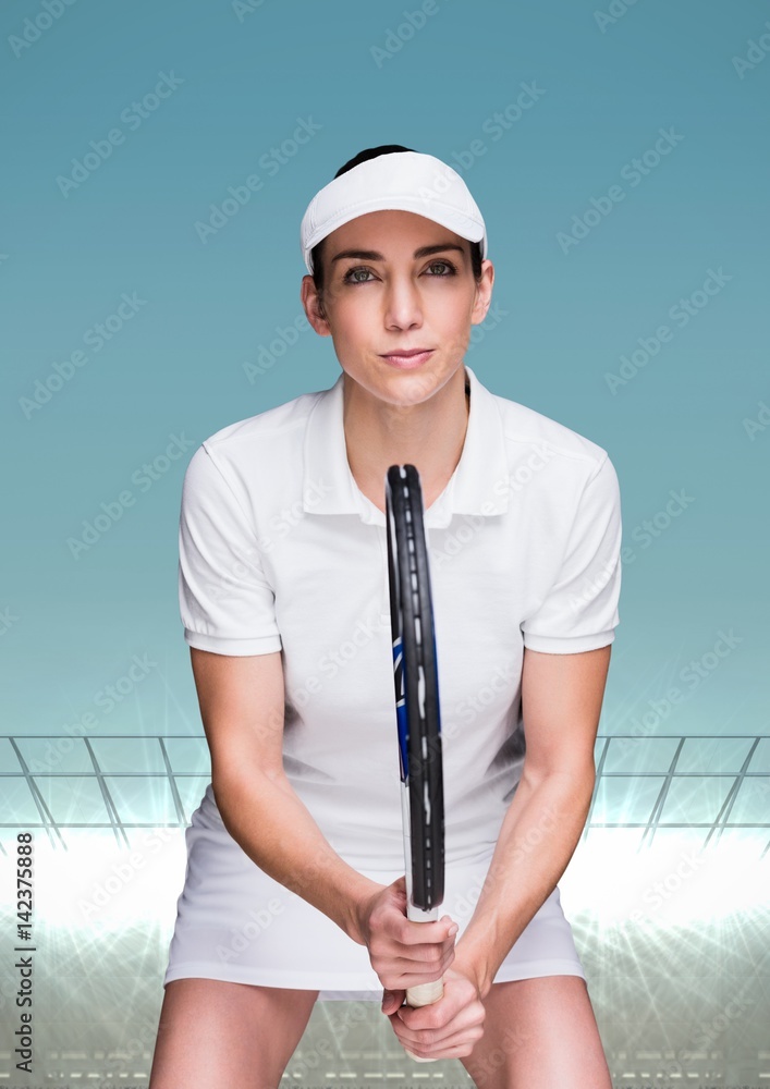 Tennis player in stadium with bright lights and blue sky