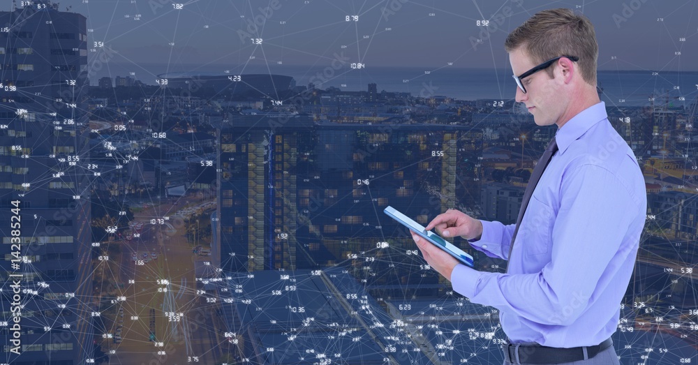 Man on tablet against Night city with connectors