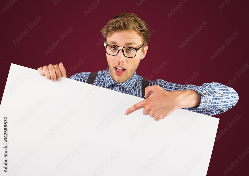 Nerd with large blank card against maroon background