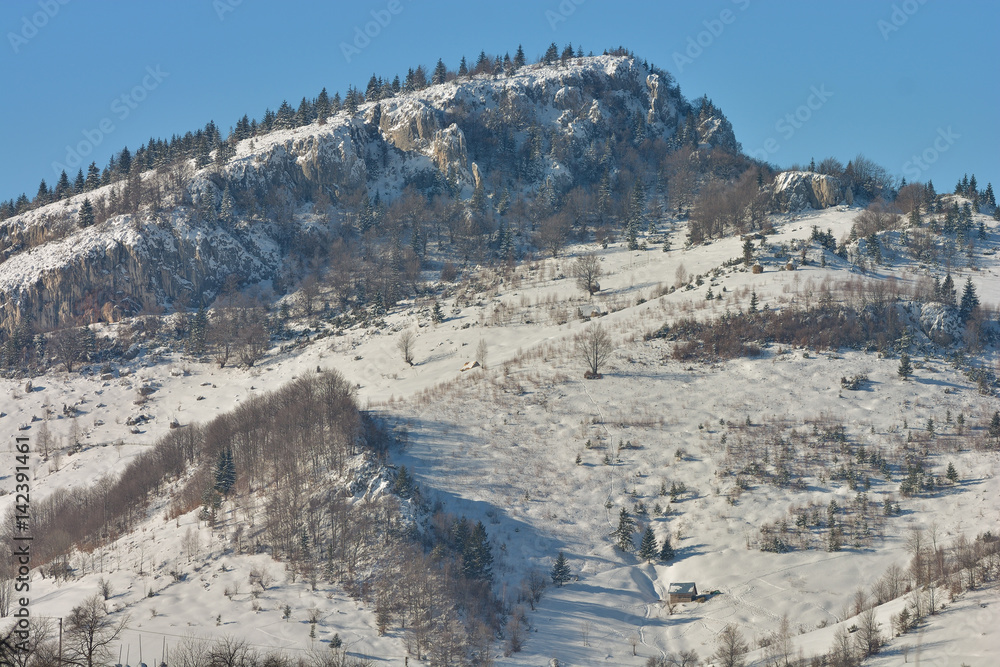 美丽的冬季山脉景观，在寒冷的冬日里有雪花。喀尔巴阡山的野生山脉。