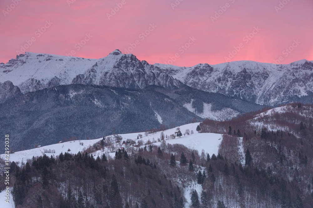 Majestic sunset in the winter mountains landscape.