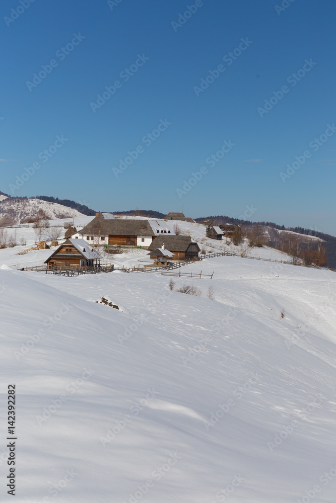 美丽的冬季山脉景观，在寒冷的冬日里有雪花。喀尔巴阡山的野生山脉。