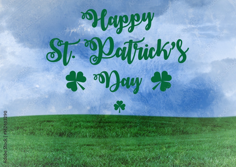 Patricks Day graphic against sky and grass