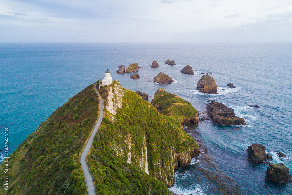 Aerial view of Nugget Point Lighthouse, Otago, New Zealand