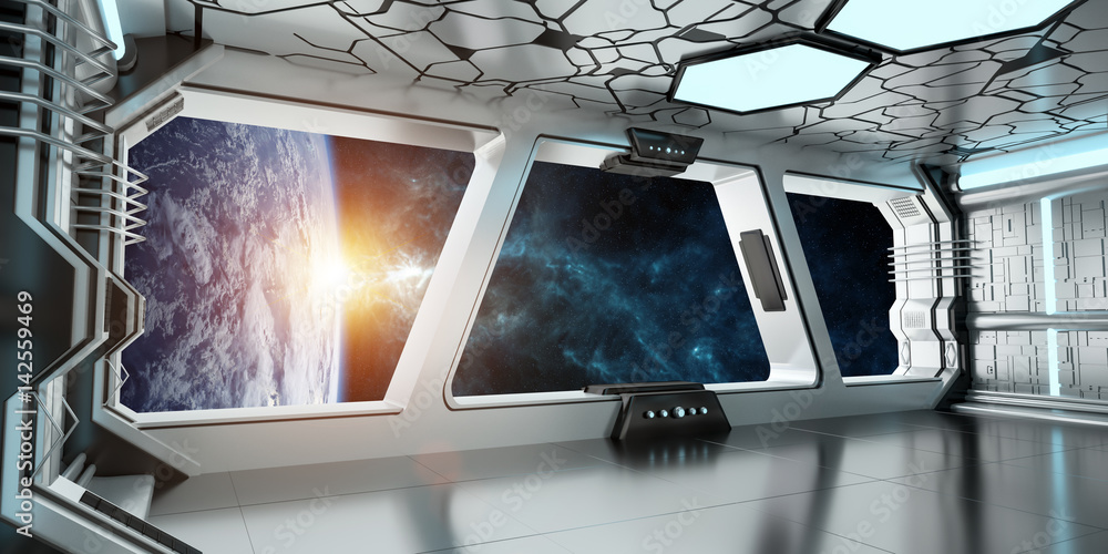 Spaceship interior with view on the planet Earth 3D rendering elements of this image furnished by NA