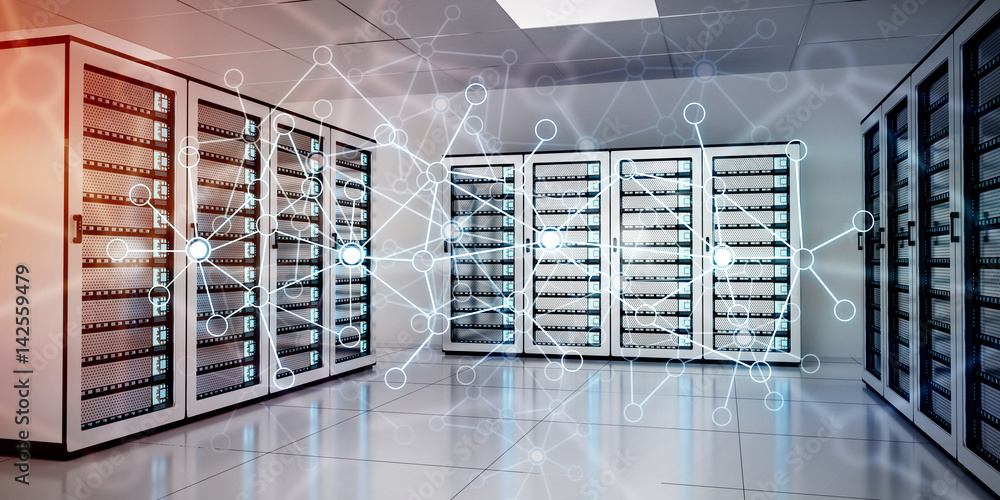 Abstract network on server room data center 3D rendering