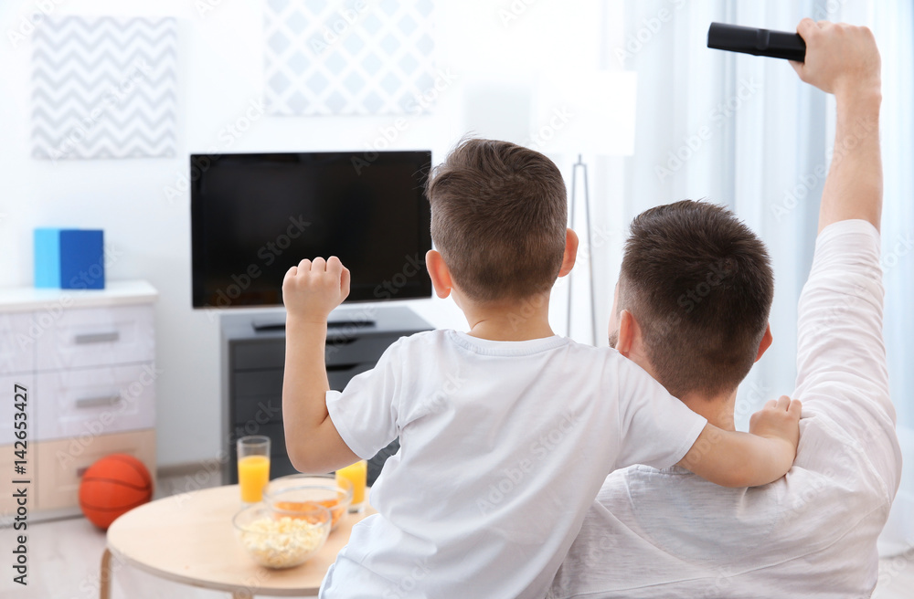 Father and son watching sports on TV at home