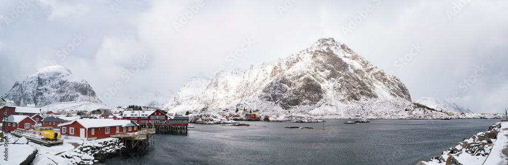 Norway red  tradition  houses and mountain in horison