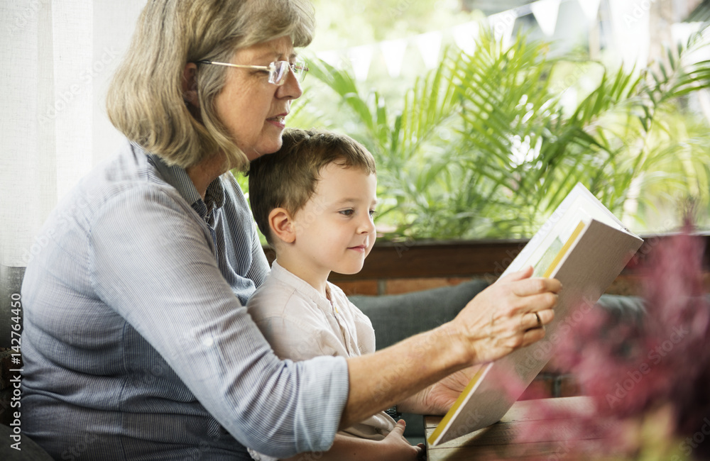 Grandmother Grandson Family Reading Leisure