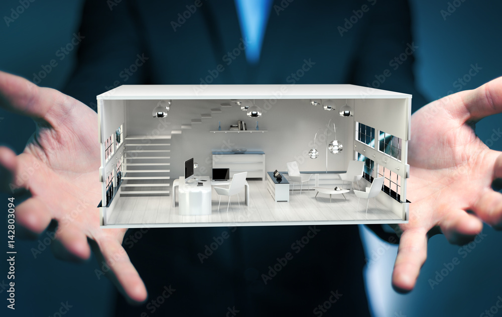 Businessman holding white 3D rendering apartment