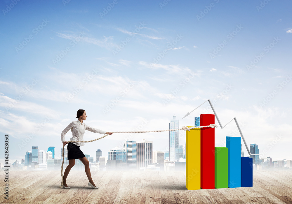 Businesswoman pulling arrow with rope and making it raise up