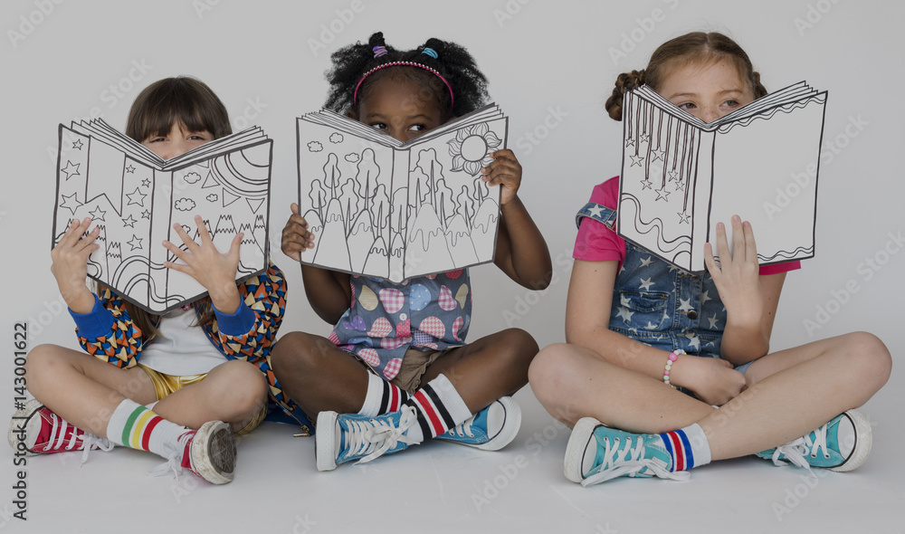 Children Girlfriends Reading Book Education Togetherness Studio Portrait