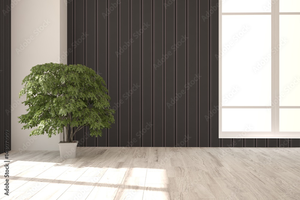 White empty room with flower. Scandinavian interior design. 3D illustration