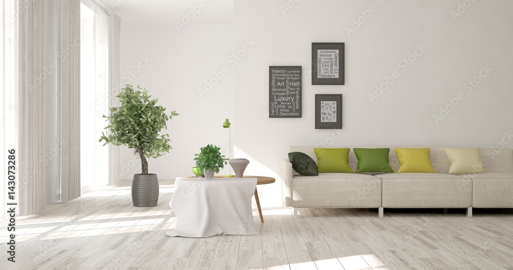 White modern room with sofa. Scandinavian interior design. 3D illustration