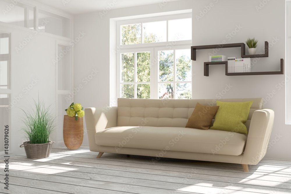 White room with sofa and green landscape in window. Scandinavian interior design. 3D illustration