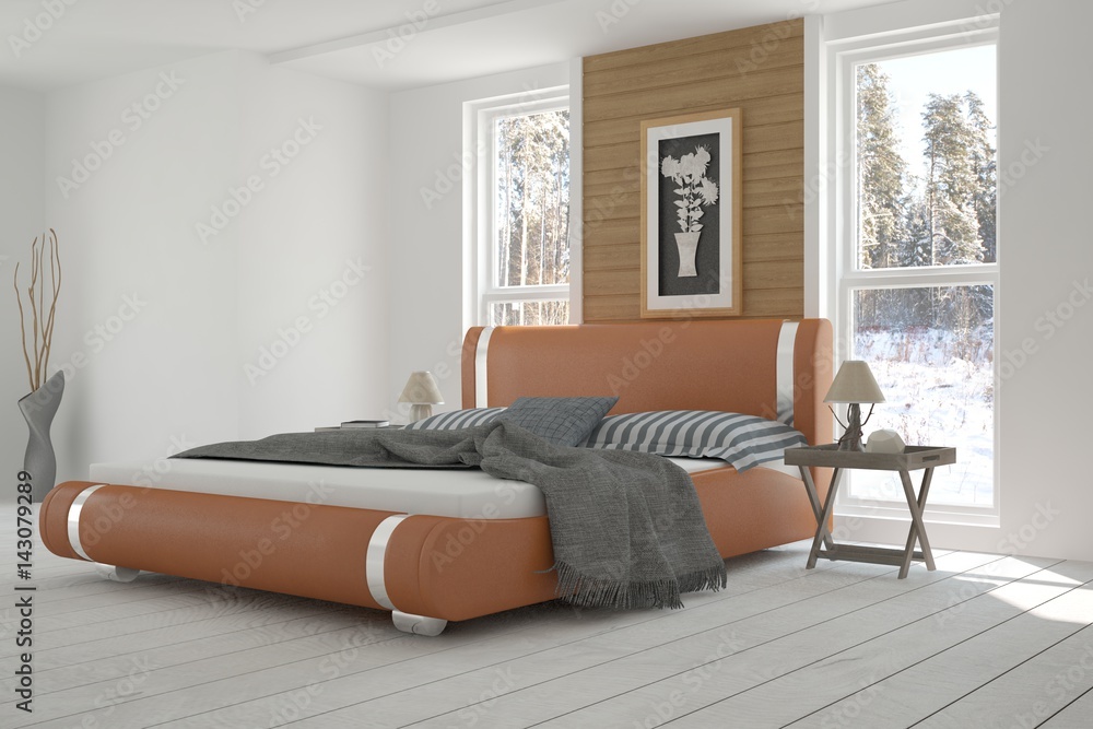 White bedroom with winter landscape in window. Scandinavian interior design. 3D illustration