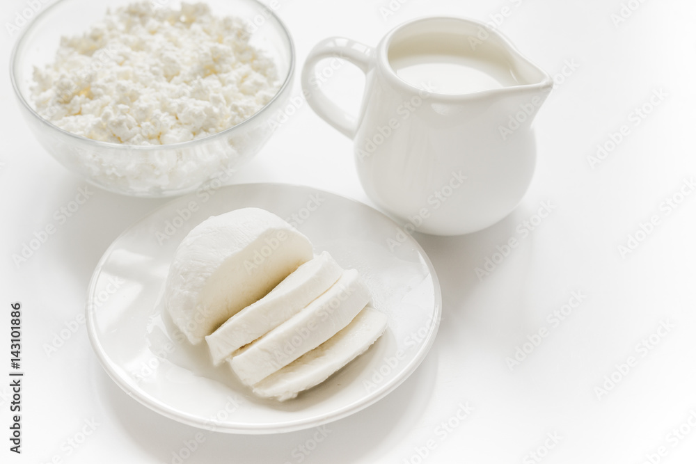 proteic breakfast concept with dairy products on table