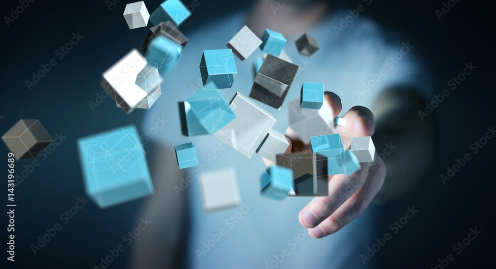 Businessman touching floating blue shiny cube network 3D rendering