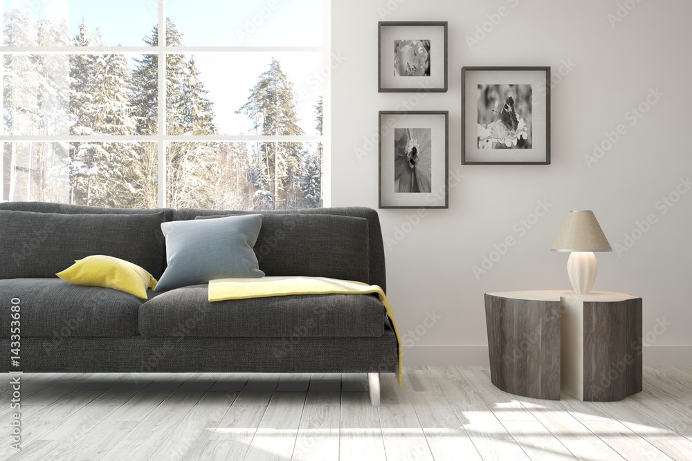 White room with sofa and winter landscape in window. Scandinavian interior design. 3D illustration