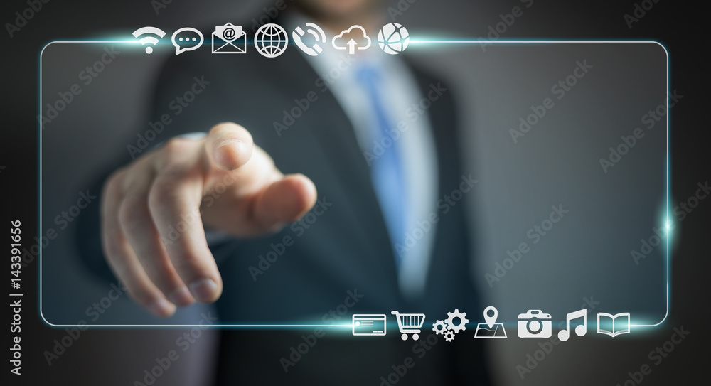 Businessman surfing on internet with digital tactile interface 3D rendering