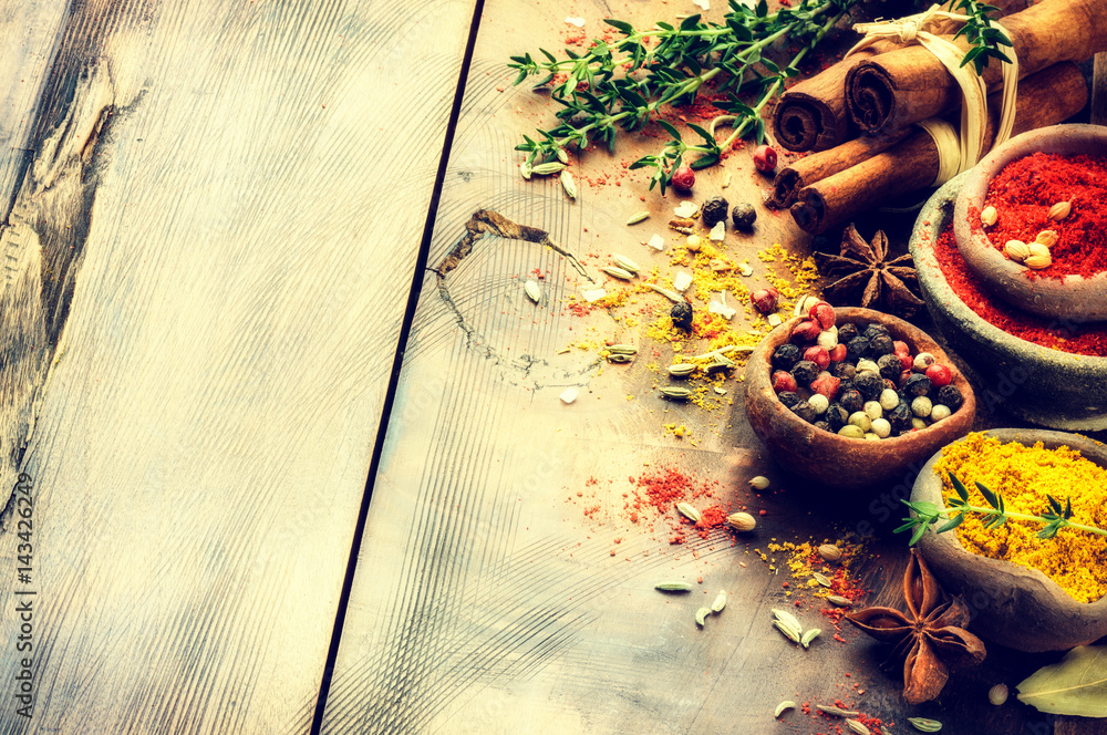 Colorful mix of various spices and herbs. Food background