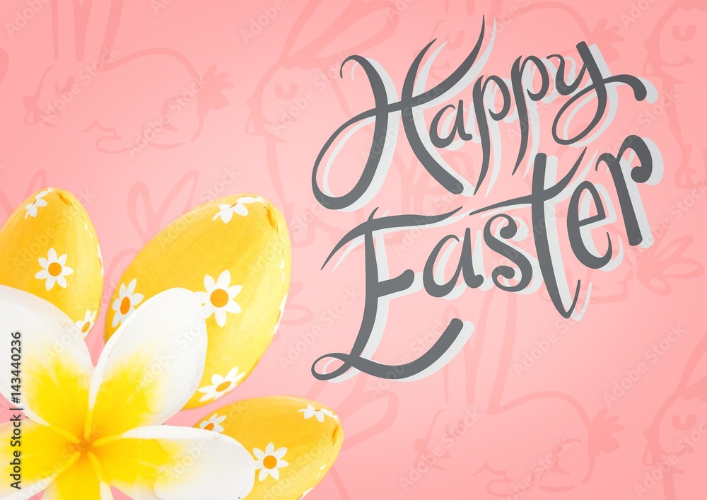 Yellow flower and eggs type against pink easter pattern