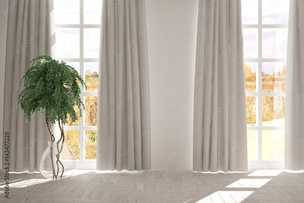 White empty room with flower and autumn landscape in window. Scandinavian interior design. 3D illust