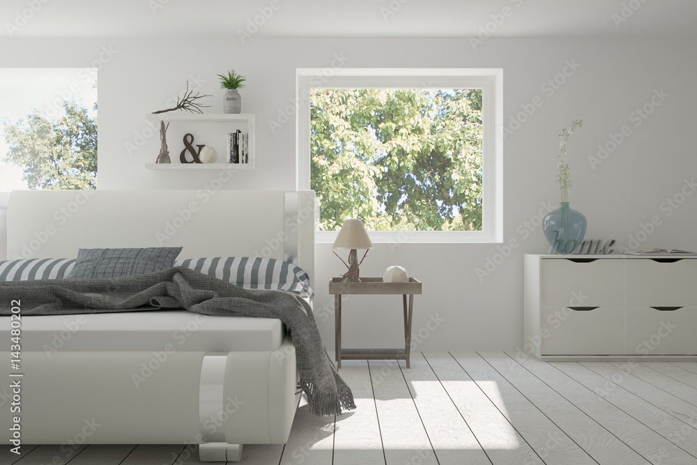 White bedroom with green landscape in window. Scandinavian interior design. 3D illustration