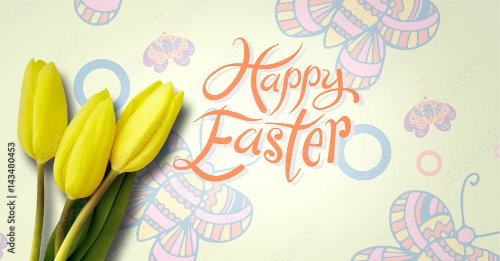 Happy Easter text with Daffodils in front of butterfly pattern