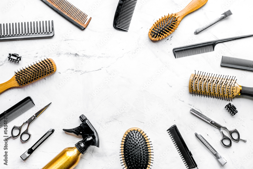 hairdressing concept with barber tools on white background top view mock up