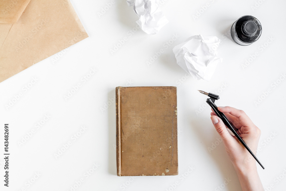 profession concept with writer tools on work desk background top view