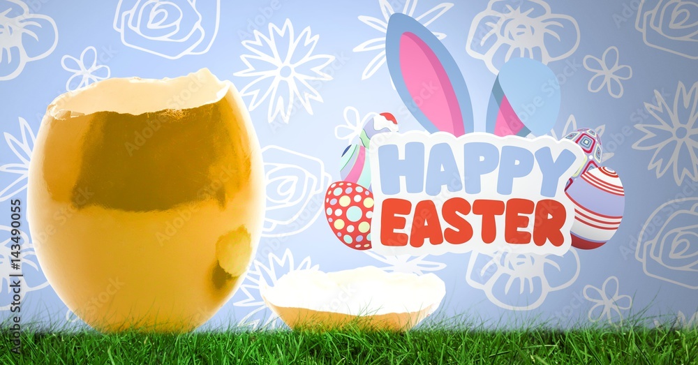 Happy Easter text with Cracked Easter egg in front of pattern