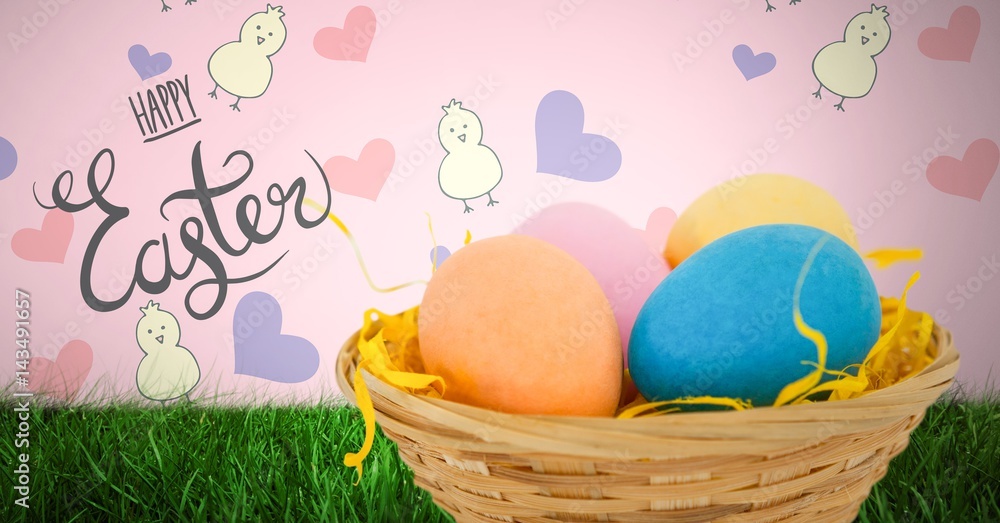 Happy Easter text with Easter eggs in front of pattern