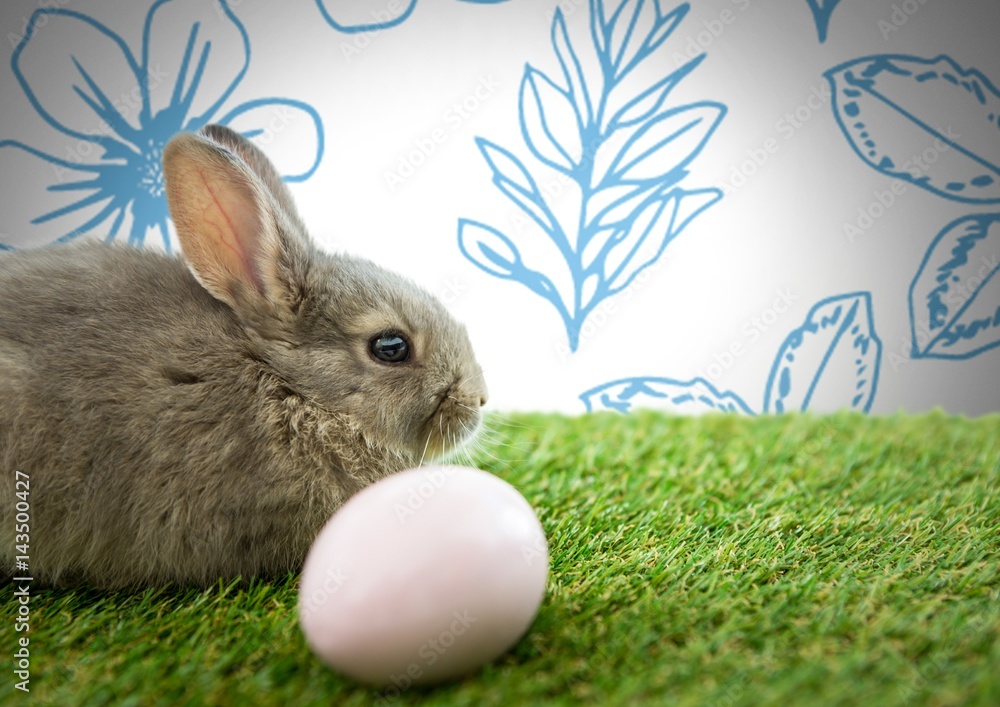 Easter rabbit with egg in front of pattern