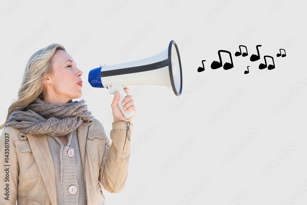 Woman talking in megaphone with musical notes coming out