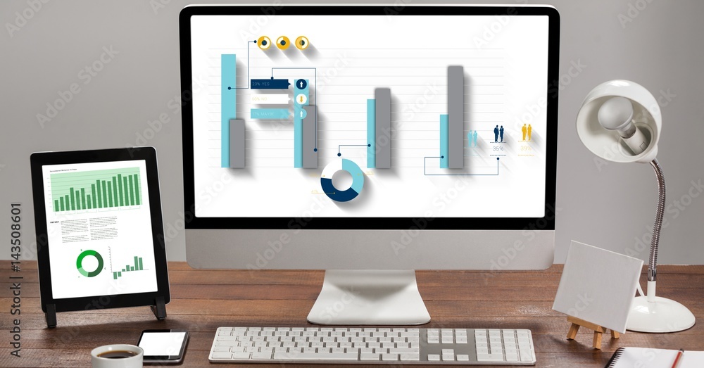 Digital composite image of graphs on technologies