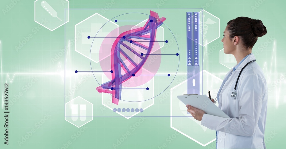 女医生在屏幕上分析DNA结构
