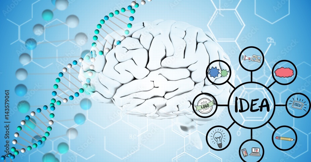 Digital composite image of 3d brain, DNA and idea graphics