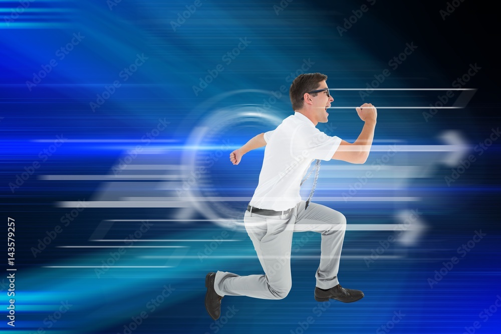 Composite image of geeky happy businessman running mid air