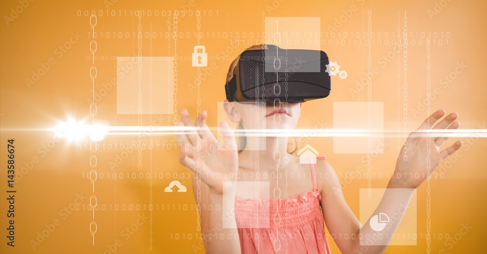 Girl looking at various icons through VR glasses