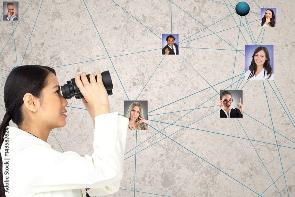 Businesswoman looking at candidates through binoculars