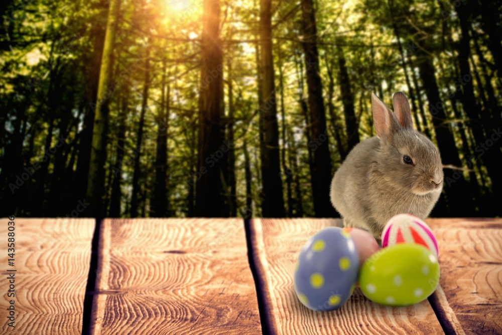 Composite image of brown bunny and easter eggs