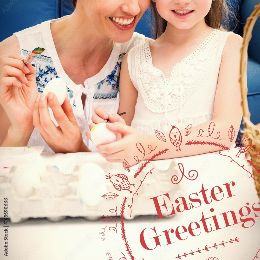 Composite image of mother and daughter painting easter eggs