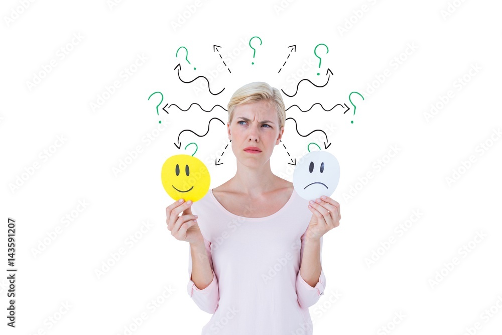 Confused woman with sad and happy emojis